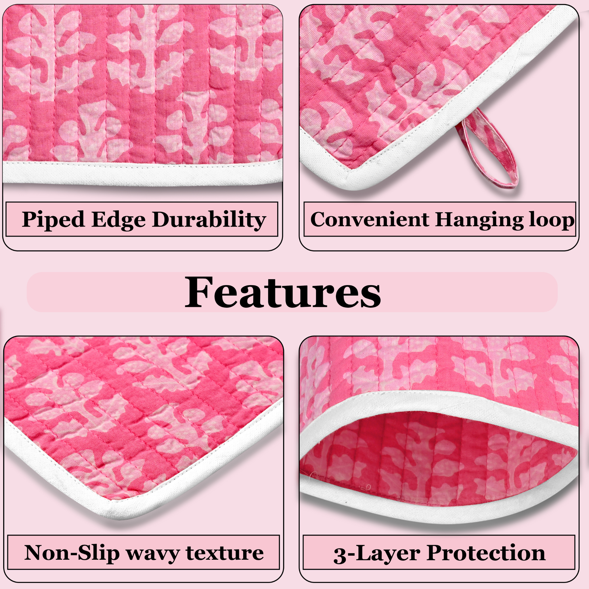 Pink quilted mat with features highlighted on a pink background