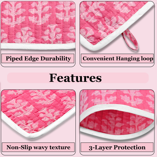 Pink quilted mat with features highlighted on a pink background
