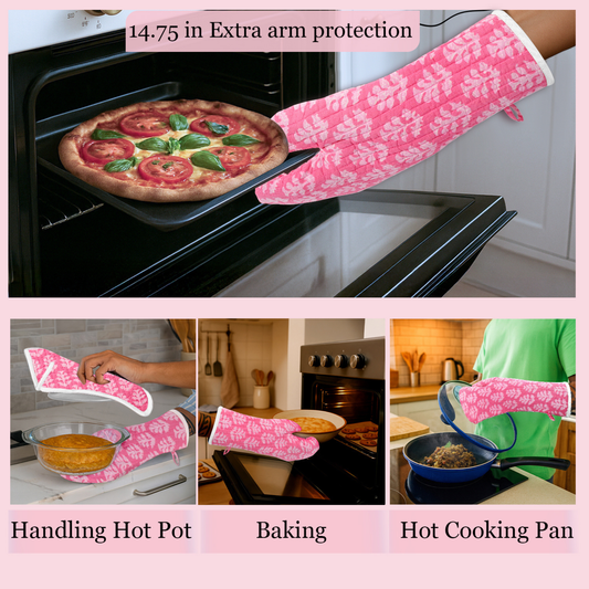 Pink floral oven mitt being used to handle a pizza, hot pot, baking dish, and hot cooking pan with text on arm protection and uses.