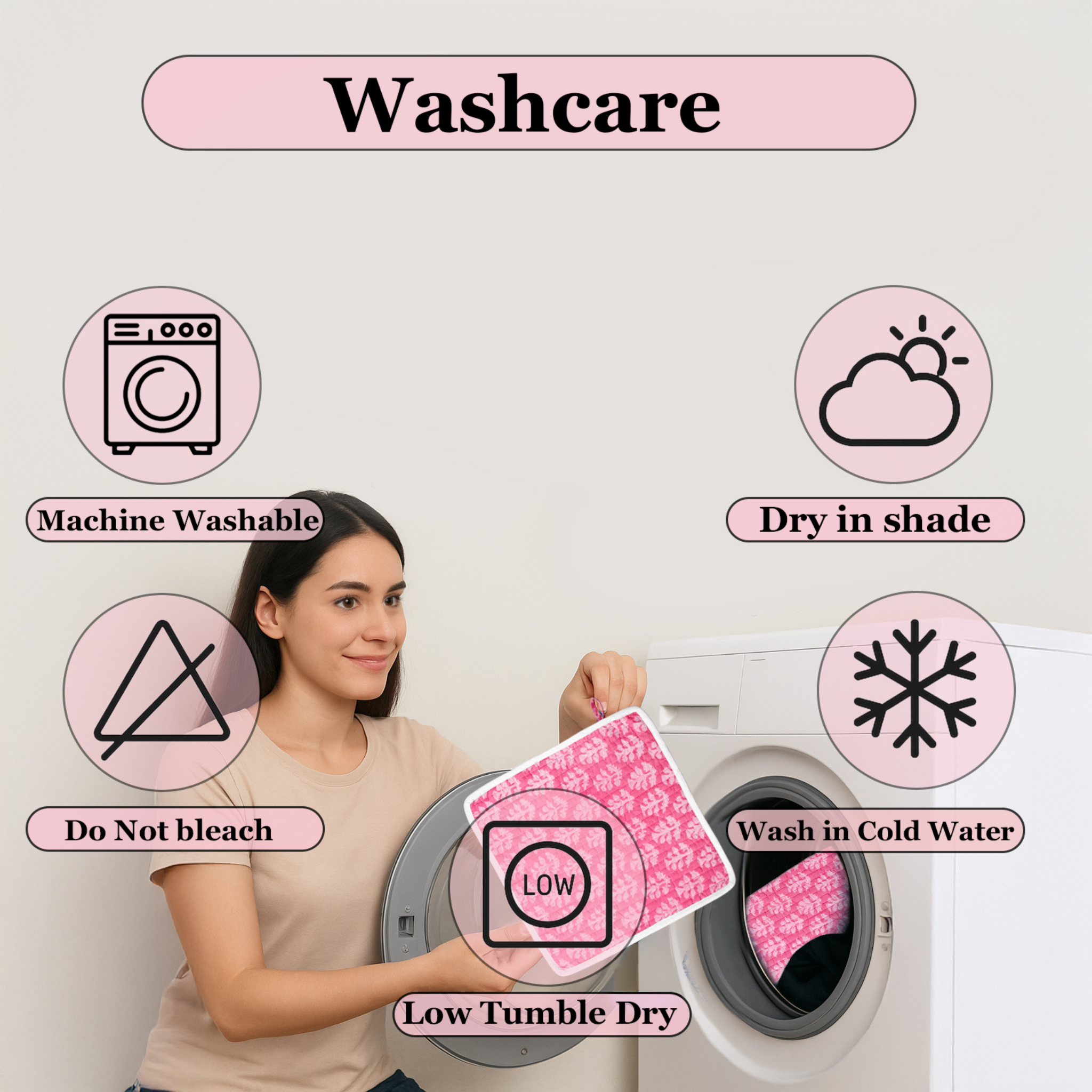 Woman holding a pink fabric with washing care symbols displayed around her.