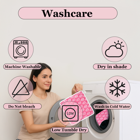 Woman holding a pink fabric with washing care symbols displayed around her.