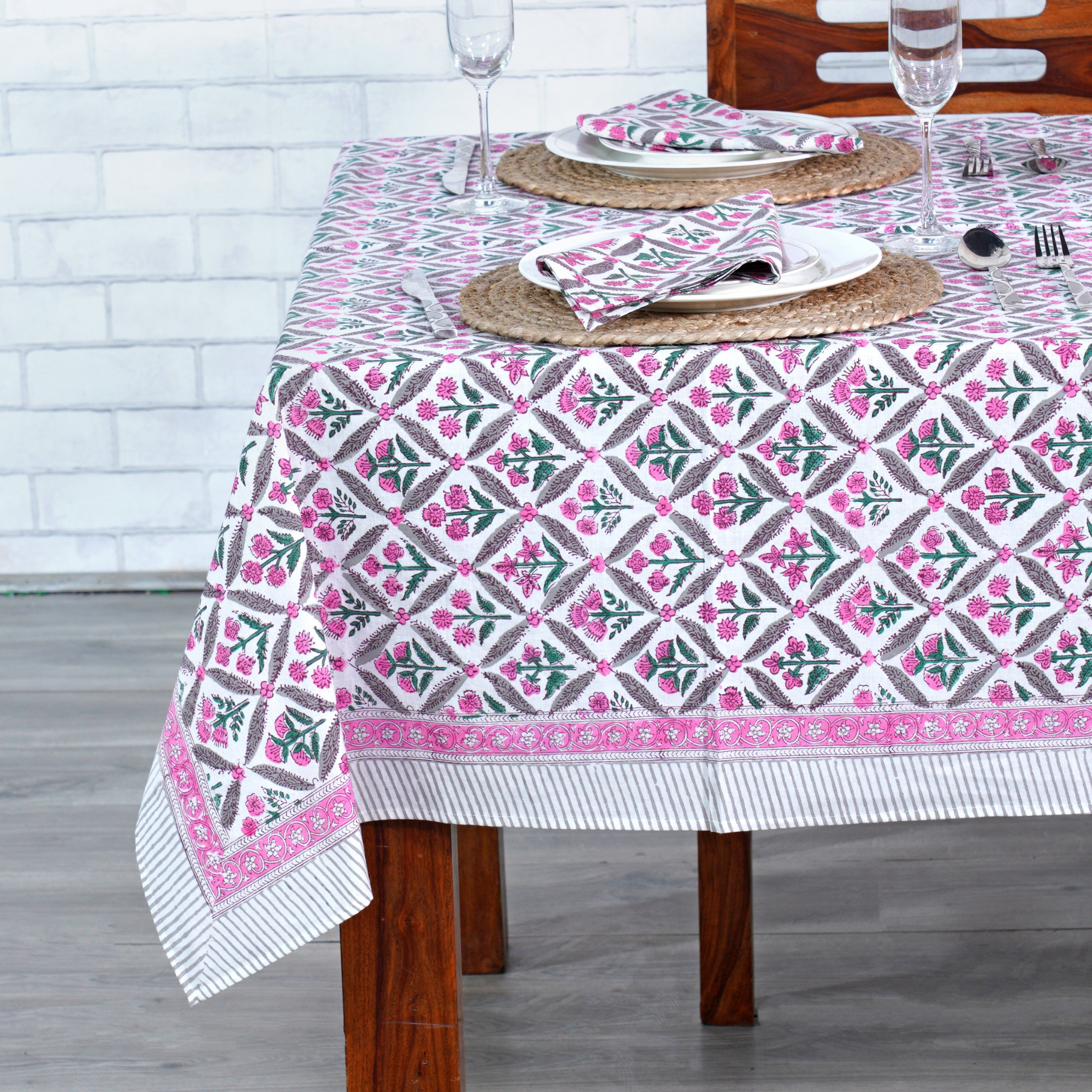 Tablecloth with geometric pattern on a wooden table