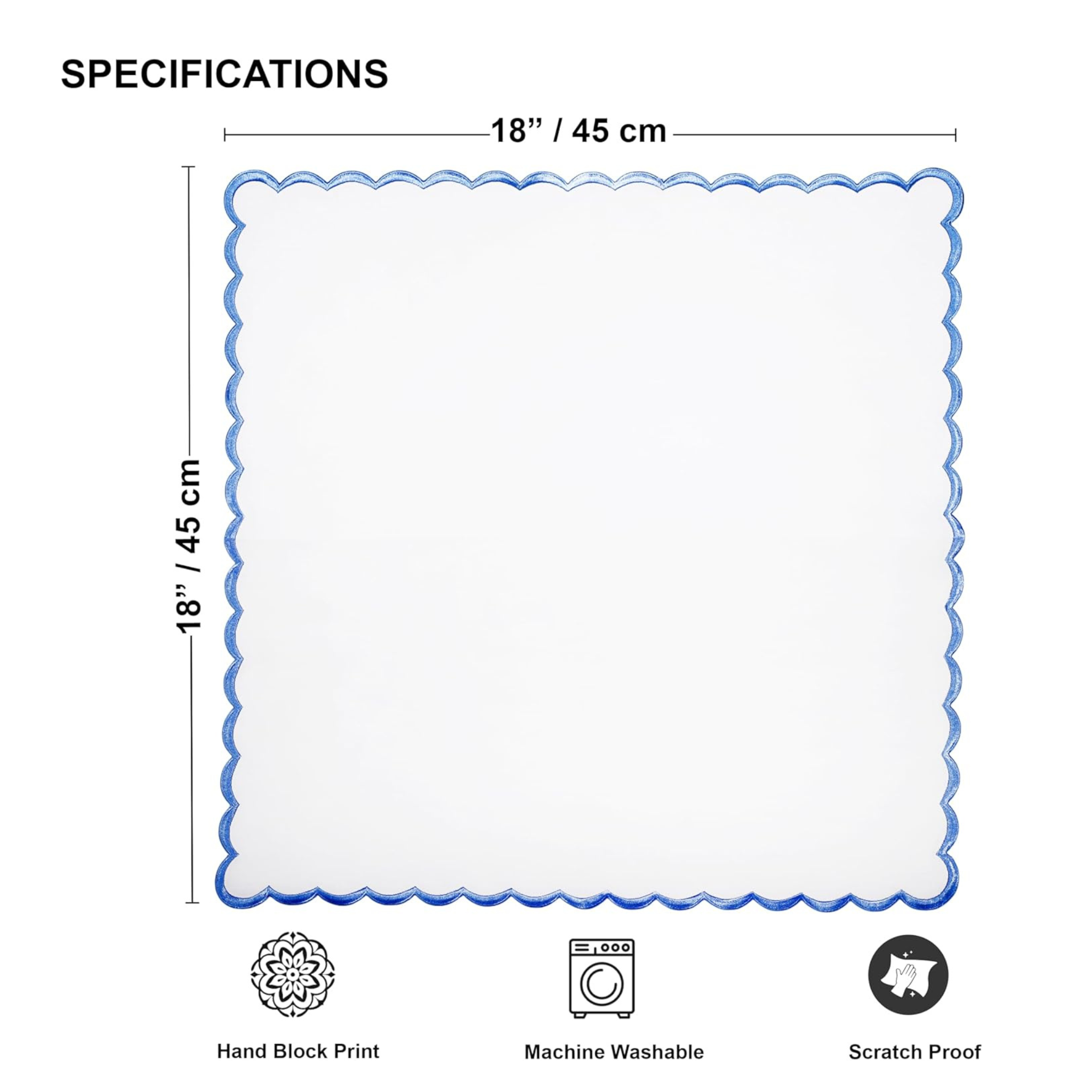 Measurement chart for a product with dimensions 18" x 18" and features including hand block print, machine washable, and scratch proof.