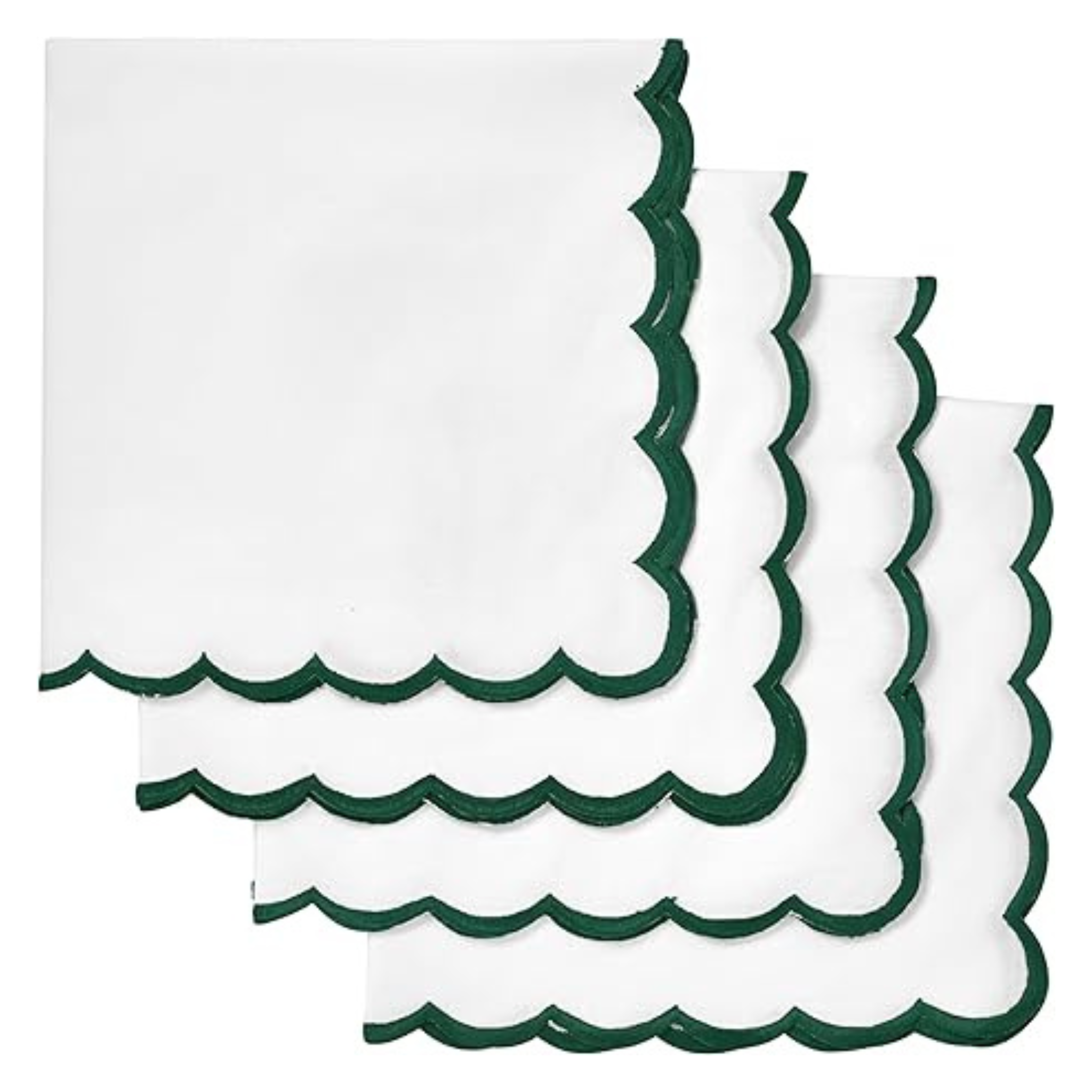 Set of white napkins with green scalloped edges on a white background