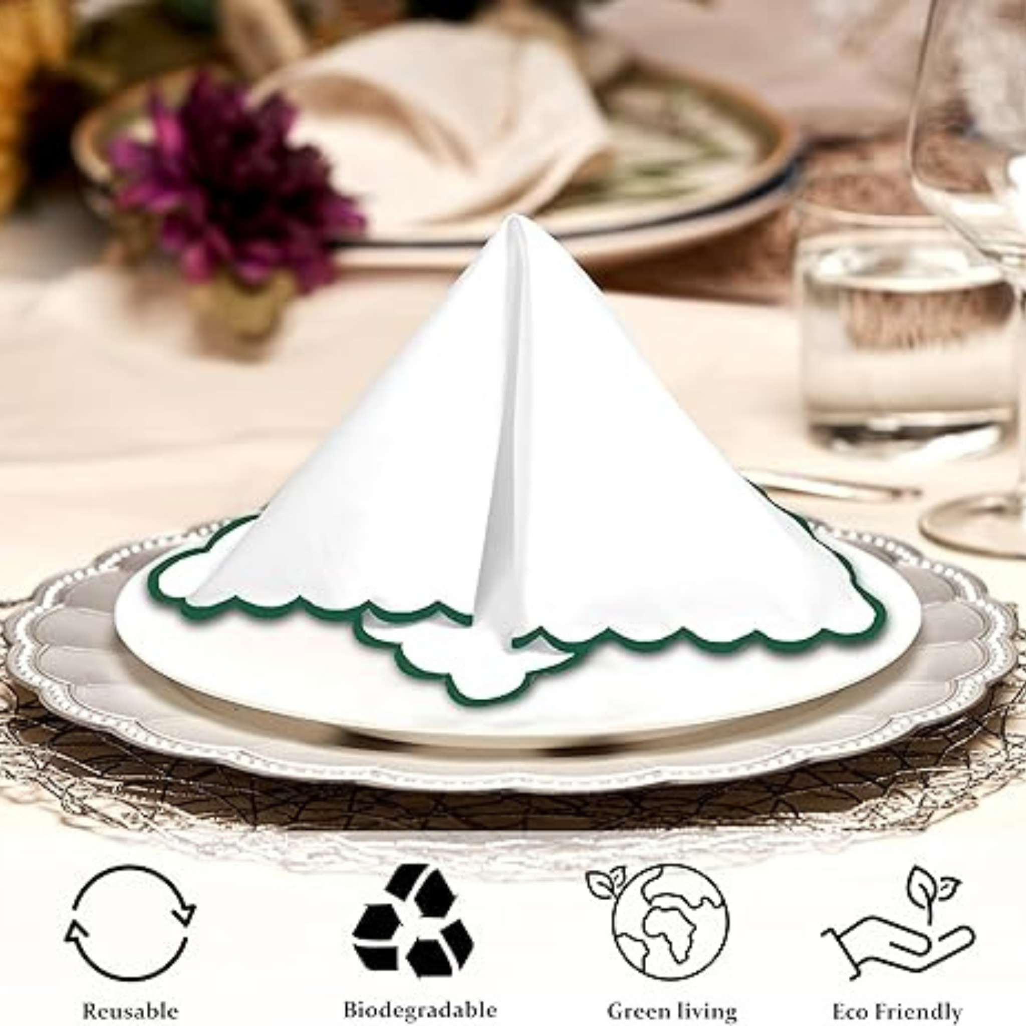 White scalloped napkin holder on a decorative plate with a table setting in the background
