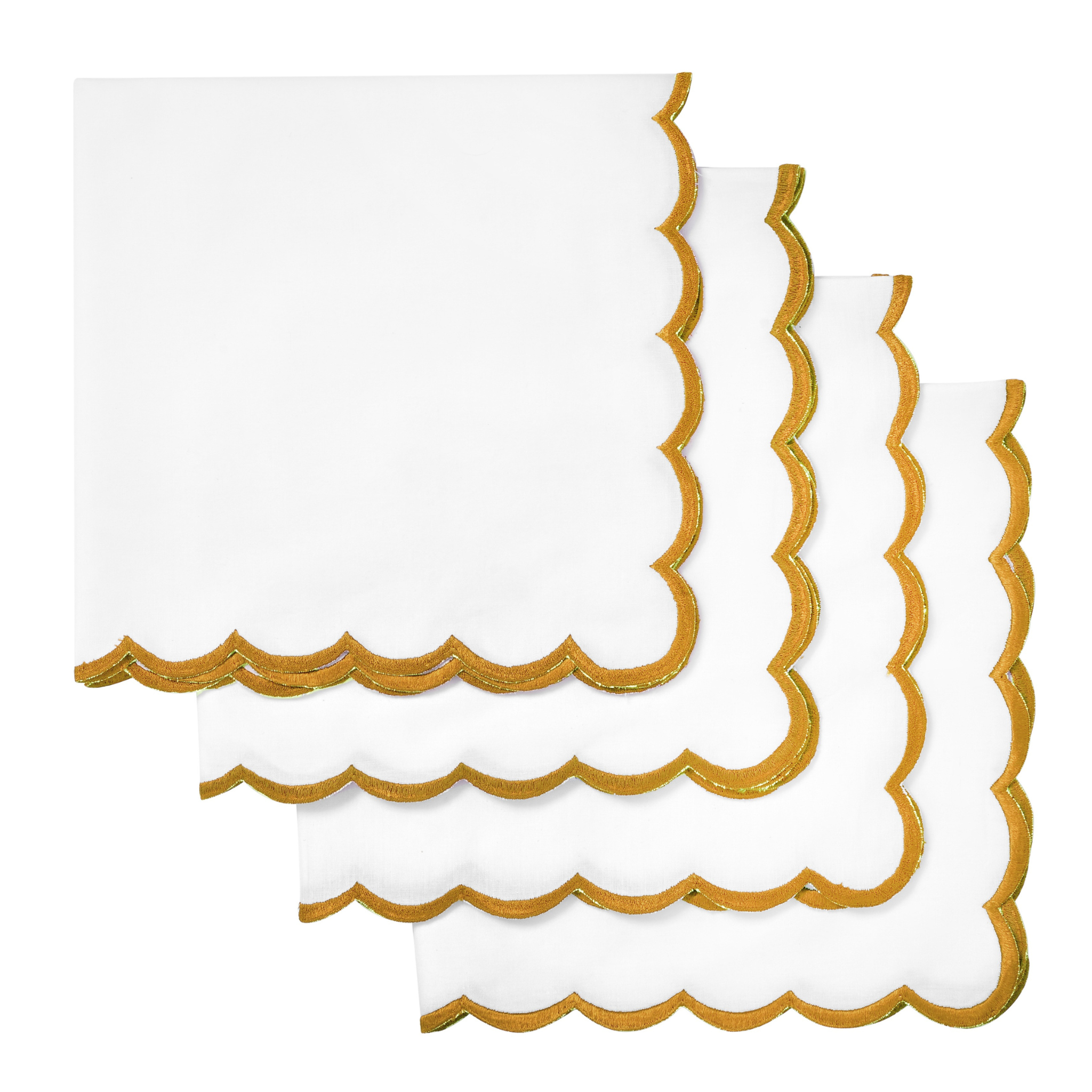 White napkins with gold scalloped edges on a white background