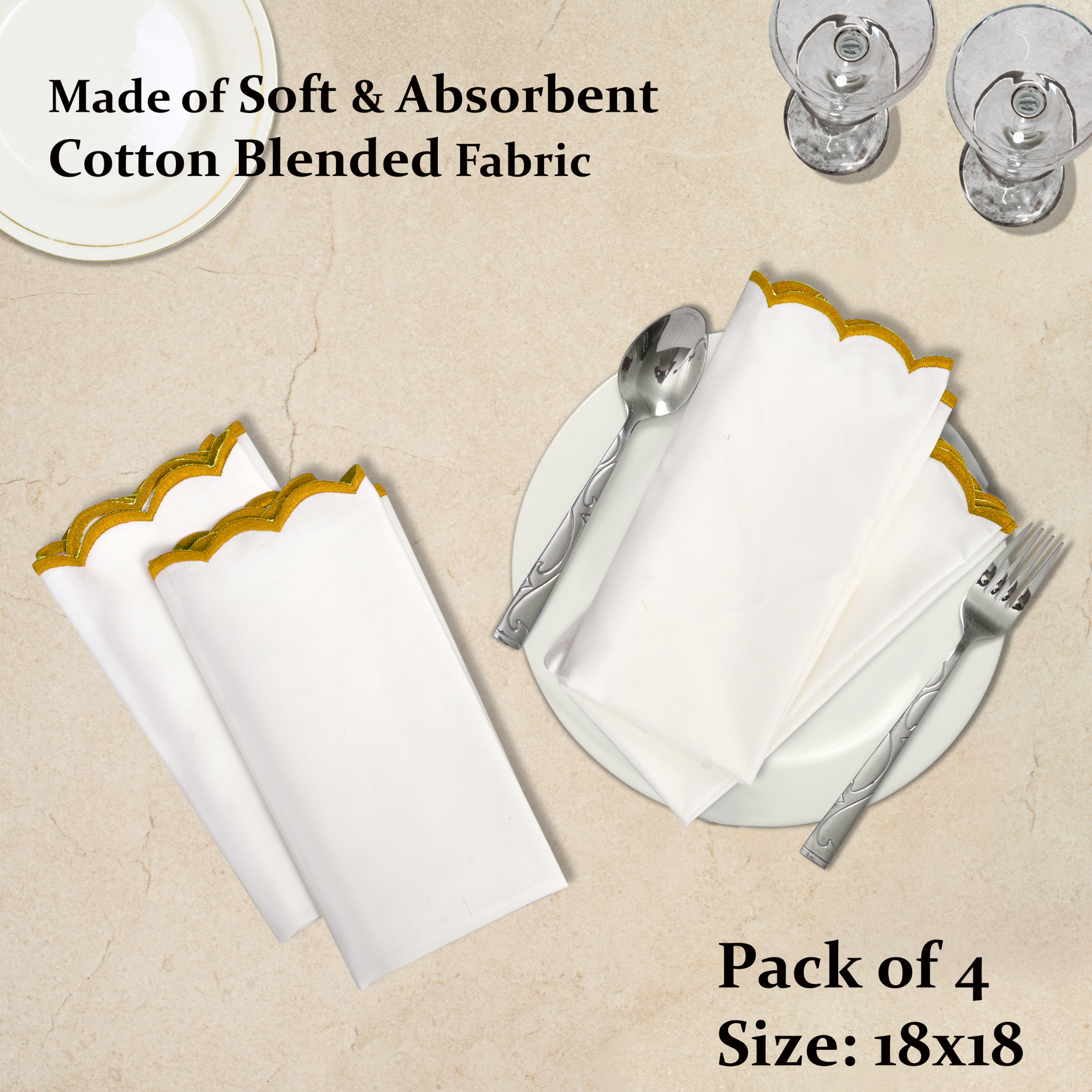White napkins with gold trim on a beige surface with cutlery, text about material and size.