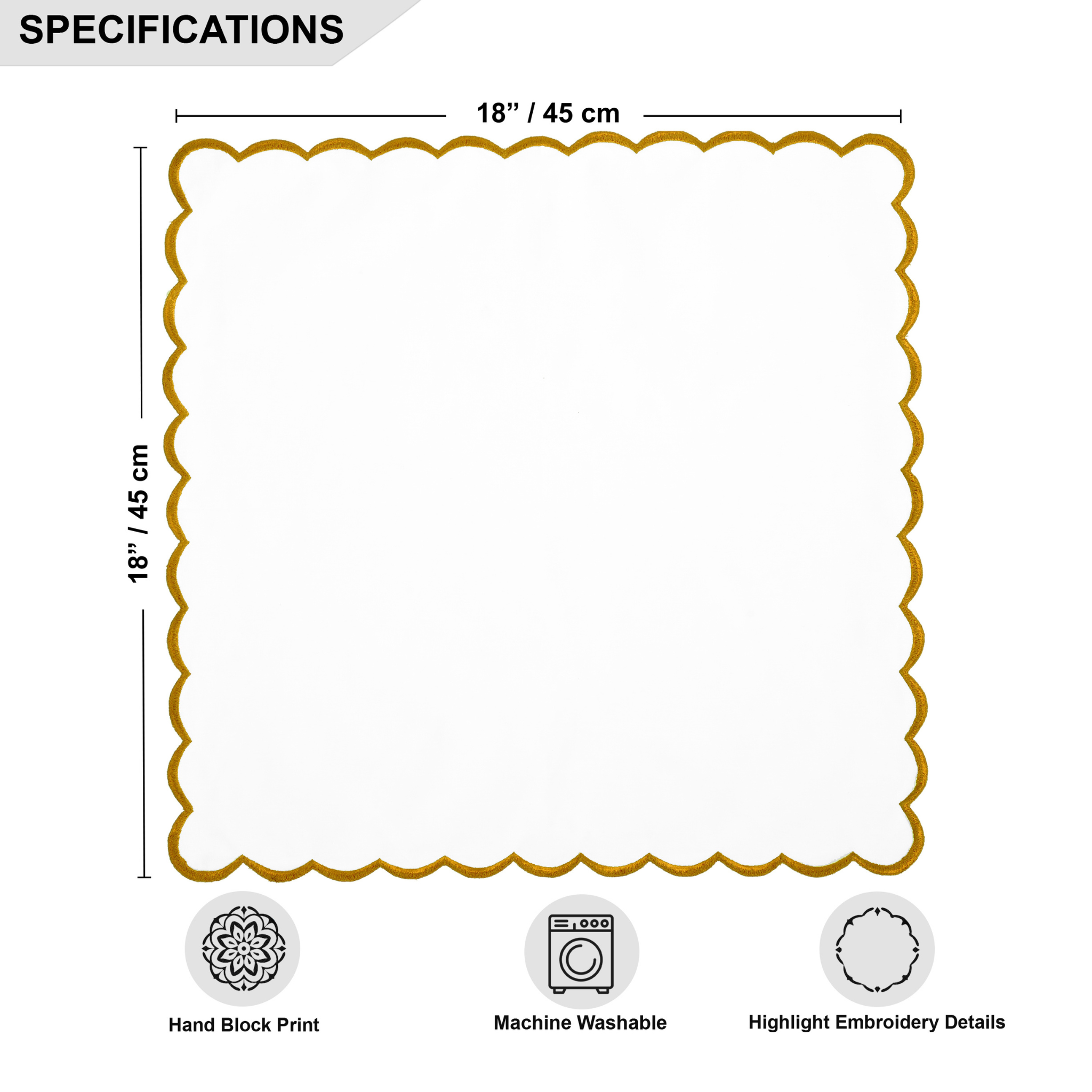 Measurement chart with a decorative border and text indicating dimensions, print type, washability, and embroidery details.