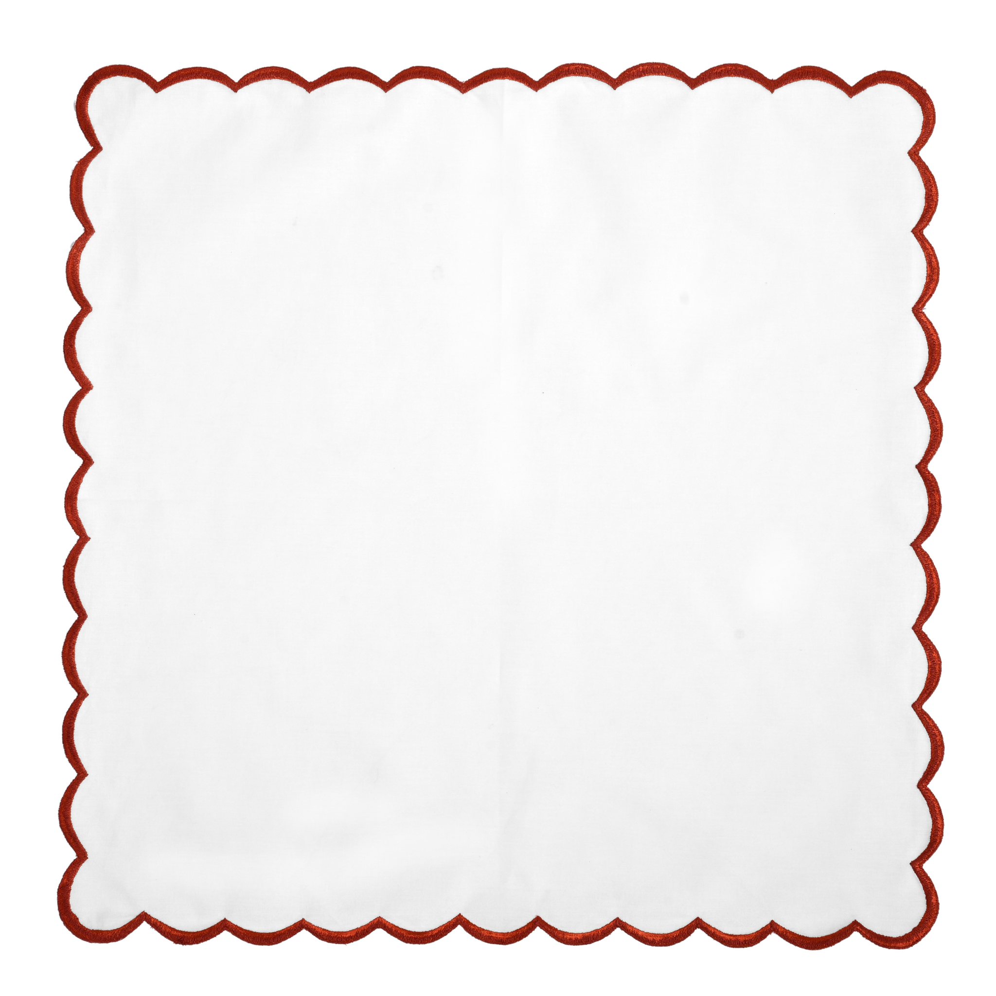 White square with a red scalloped border on a white background