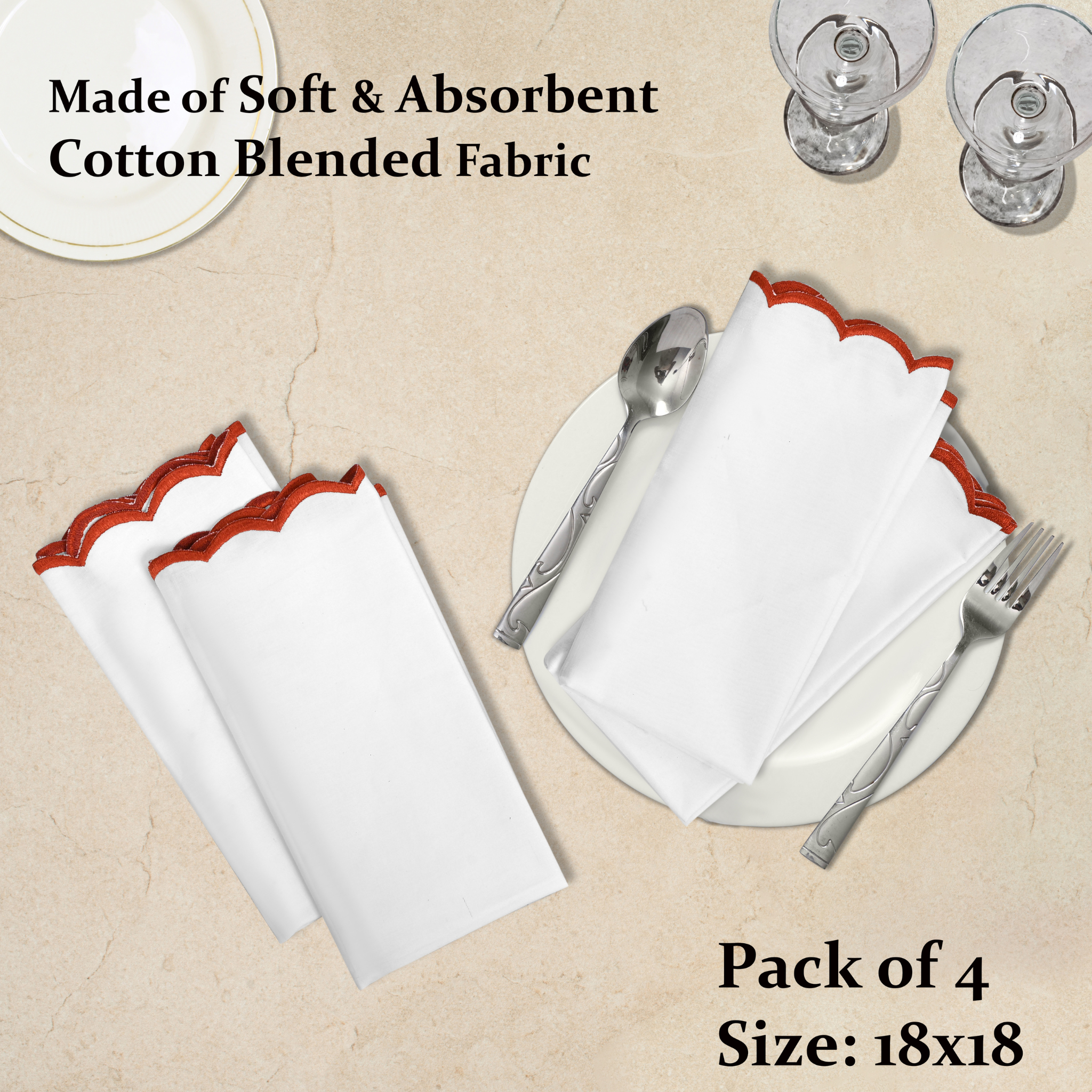 Set of white napkins with red scalloped edges on a beige surface with cutlery.