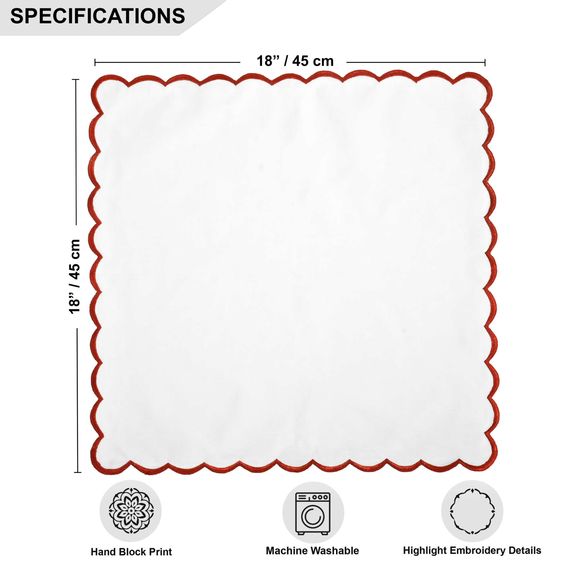 White placemat with red scalloped edge and measurements on a white background