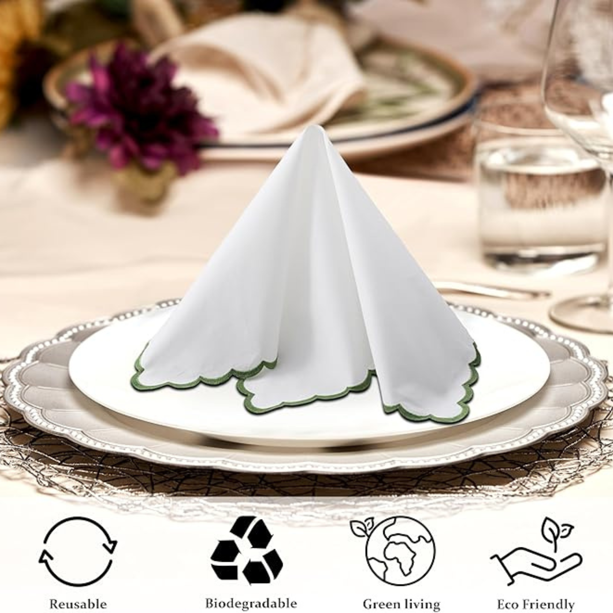 Folded white napkin on a decorative plate with table setting and eco-friendly icons at the bottom.