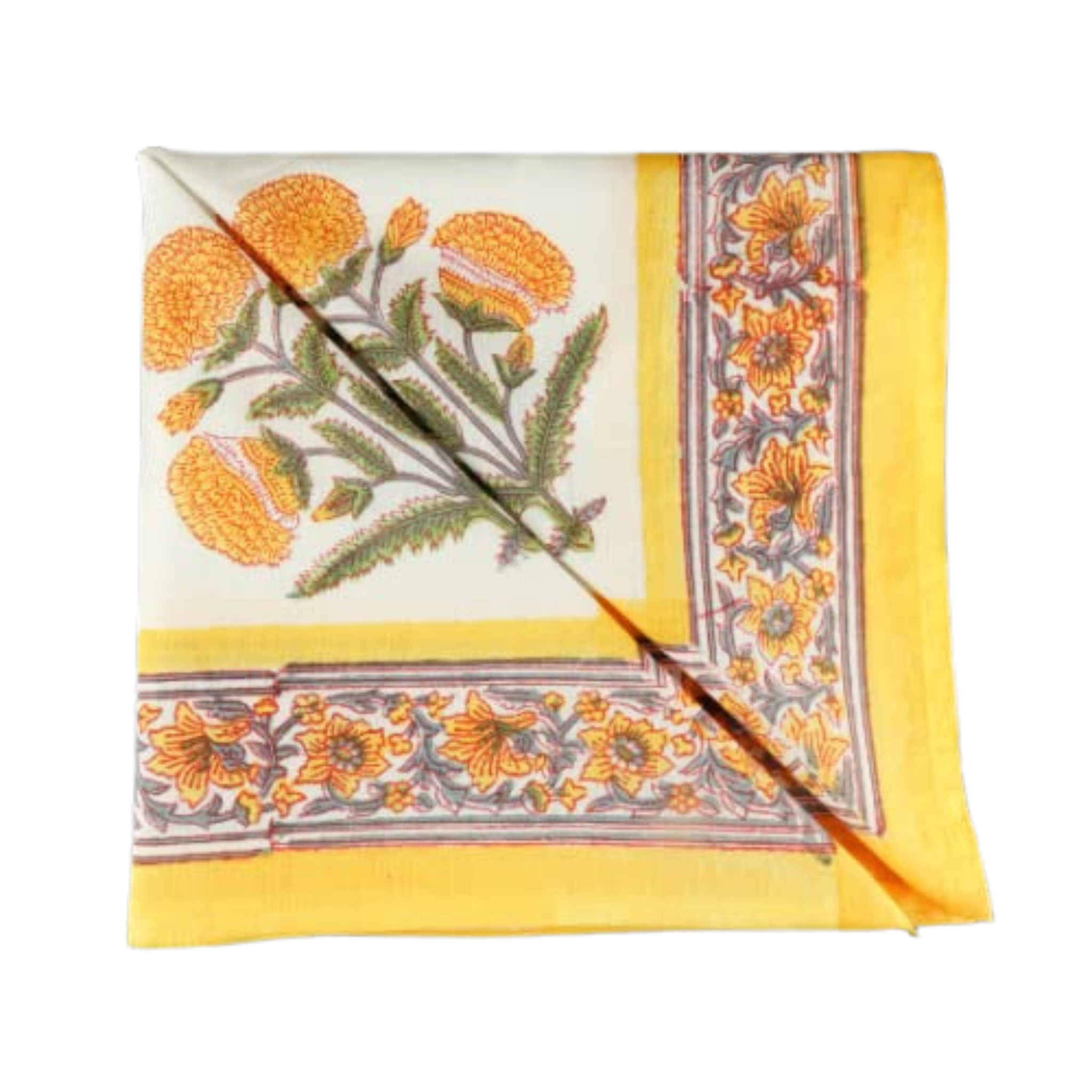 Floral patterned fabric with yellow border on a white background