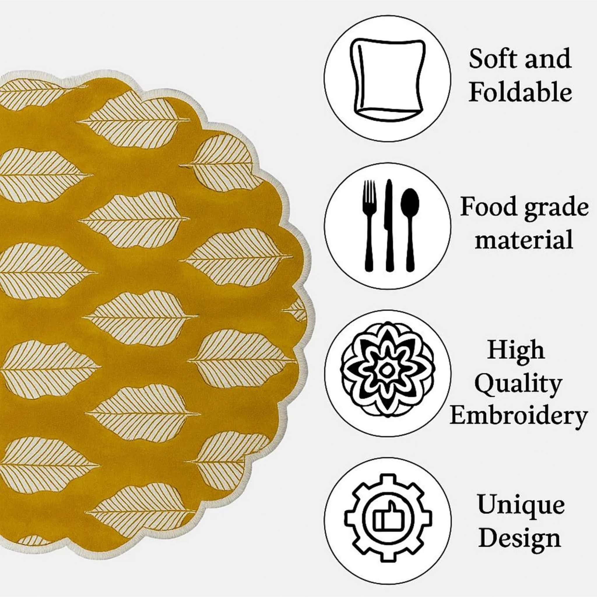 Gold placemat with white leaf pattern and features listed on a white background
