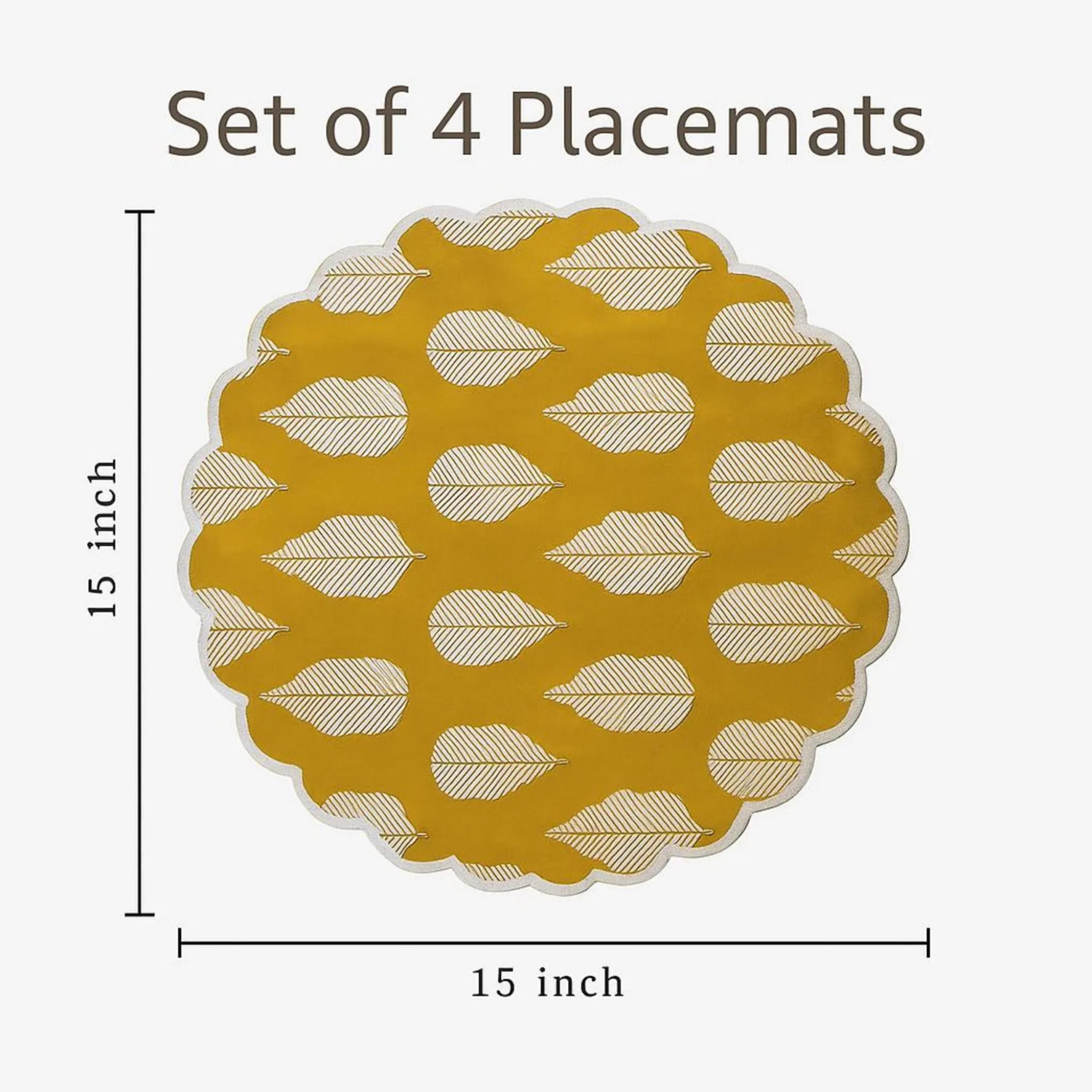 Yellow placemat with leaf pattern and measurements on a white background